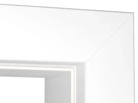Clear glass panel with white frame on a white background