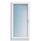 A white single-hung window with a frosted glass pane and a slim side handle, shown against a plain white background.