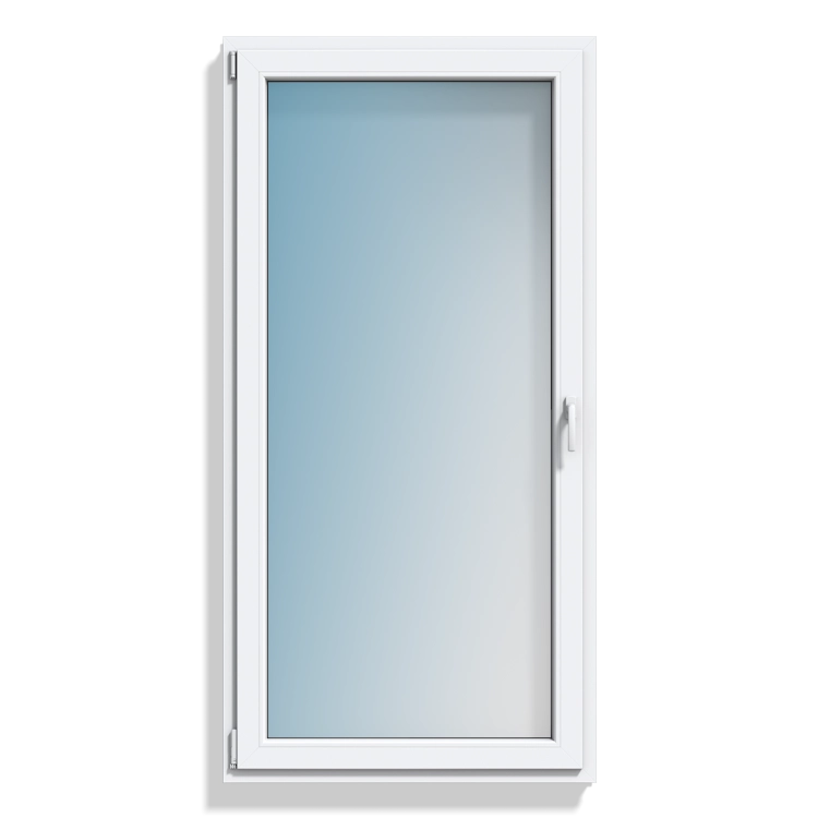 A white single-hung window with a frosted glass pane and a slim side handle, shown against a plain white background.