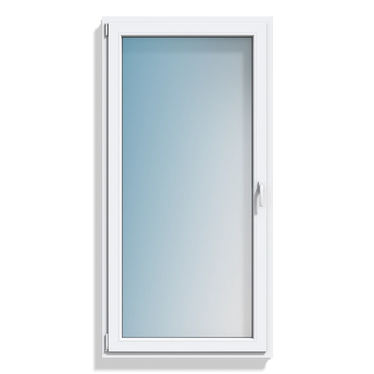 A white single-hung window with a frosted glass pane and a slim side handle, shown against a plain white background.