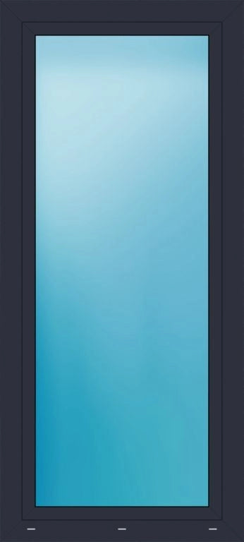 A tall rectangular window or door panel with a dark charcoal frame and a large frosted or tinted blue glass panel, shown against a plain white background.