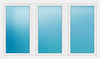 A three-panel white folding door or patio door with blue-tinted glass panes, shown against a plain white background.