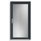 A modern single-panel door with a dark charcoal gray frame and a frosted glass center panel, featuring a silver handle on the left side.