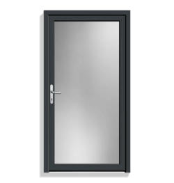 A modern single-panel door with a dark charcoal gray frame and a frosted glass center panel, featuring a silver handle on the left side.