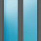 A double door or window frame in dark gray with two tall, narrow frosted glass panels that have a blue gradient tint.