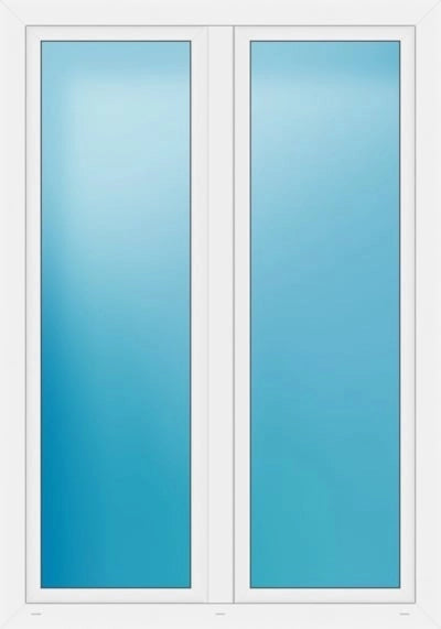 A modern double door window or patio door with a white frame and frosted glass panels featuring a blue gradient.
