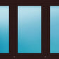 A three-pane sliding glass door or window frame in a dark brown finish, with three vertical panels featuring a blue-to-light-blue gradient glass finish.