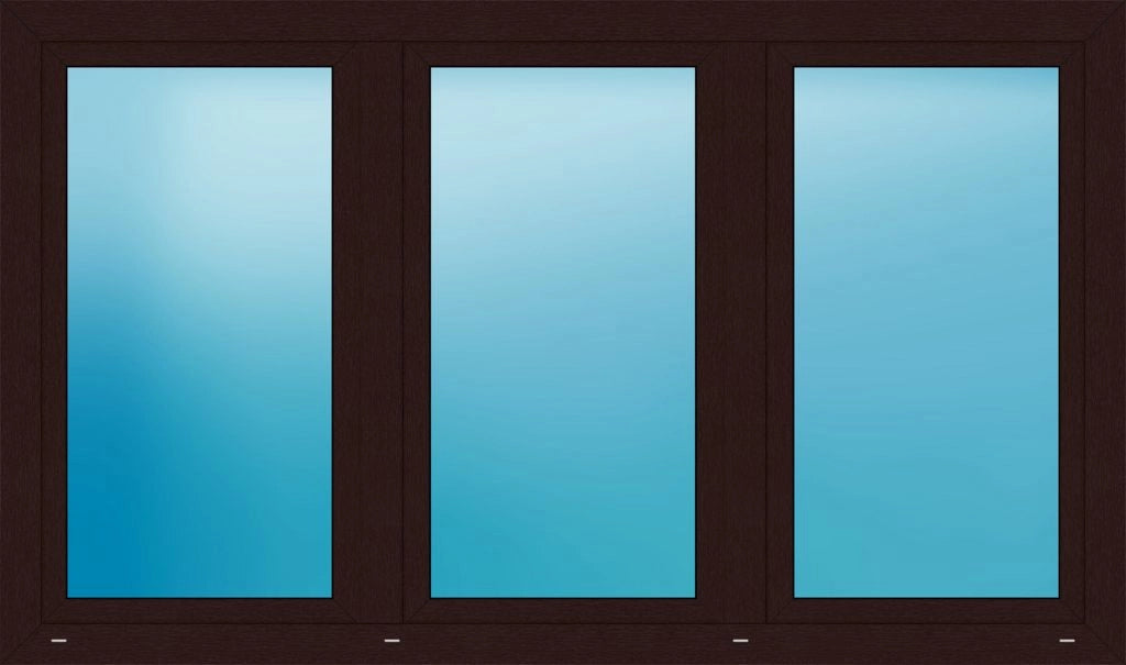 A three-pane sliding glass door or window frame in a dark brown finish, with three vertical panels featuring a blue-to-light-blue gradient glass finish.