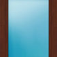 A square-framed window or door with a medium brown wood grain finish and a large light blue glass pane in the center.