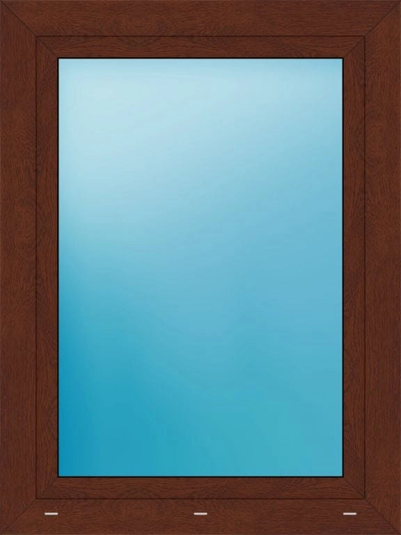 A square-framed window or door with a medium brown wood grain finish and a large light blue glass pane in the center.
