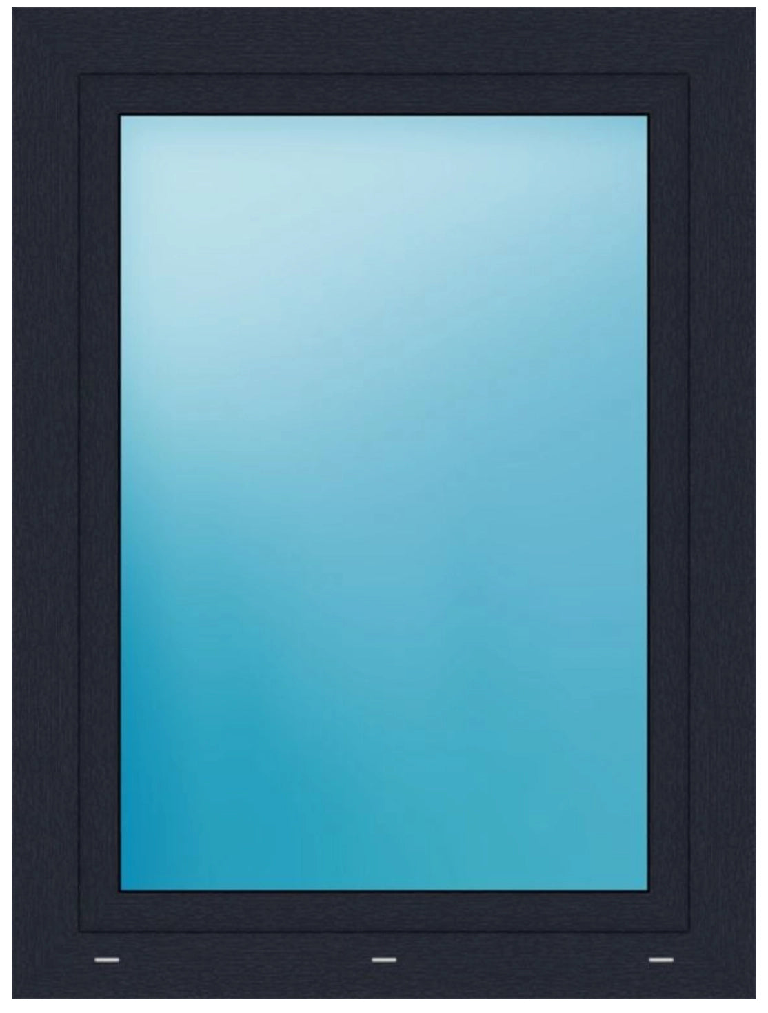 A dark charcoal gray or black window frame with a large, light blue-tinted glass pane, shown against a plain white background.