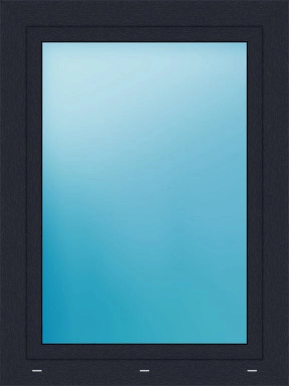 A dark charcoal gray or black window frame with a large, light blue-tinted glass pane, shown against a plain white background.
