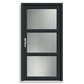 A modern black metal door with three frosted glass panels, featuring a silver handle on the left side, shown against a plain white background.