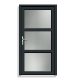 A modern black metal door with three frosted glass panels, featuring a silver handle on the left side, shown against a plain white background.