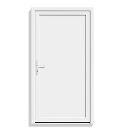 A white single-panel interior door with a slim silver metal handle and a thin black frame border, shown against a plain white background.