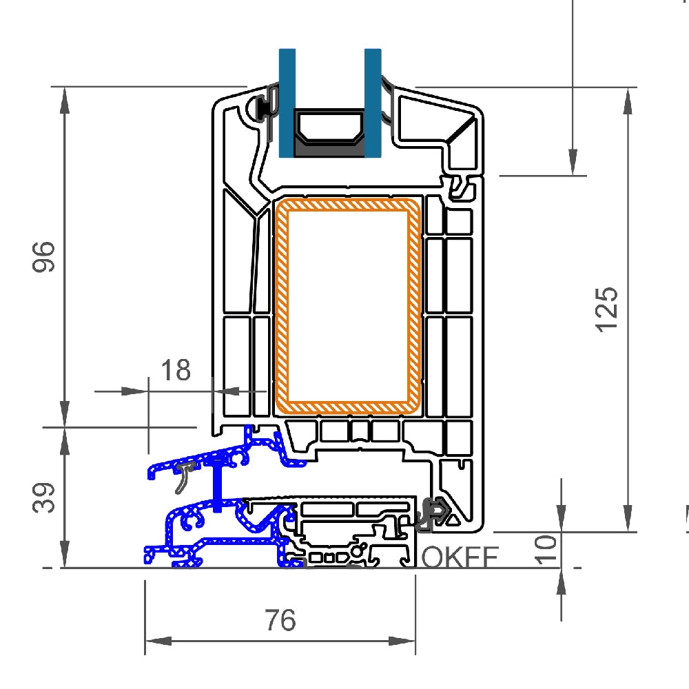 Technical cross-section drawing of a profile clip or rail end with dimension annotations including 96, 125, 76, 18, 10, 39, and 100, shown on a white background.