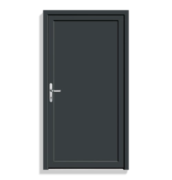 A dark gray single-panel door with a silver metal handle, shown against a plain white background.