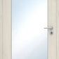 Wooden door with a glass panel and handle on a white background