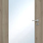 Wooden door with a glass panel and handle on a white background