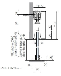 Technical dimension drawing of a window or door glass insert and frame assembly, with labeled measurements and dimensions in millimeters.