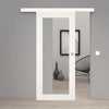 A modern white sliding glass door installed in a gray interior wall, with a matching white top rail and a small round silver knob.