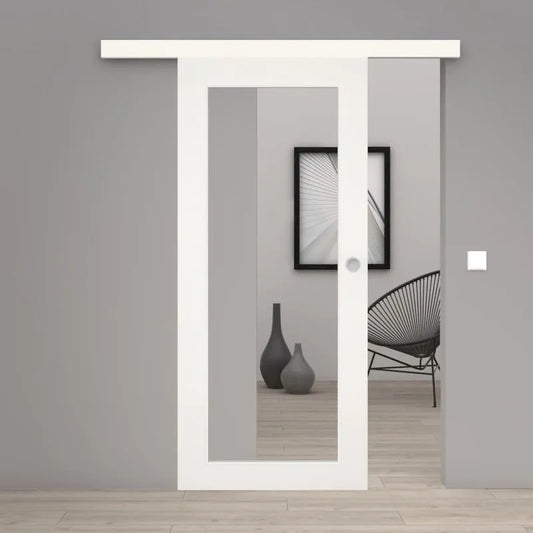 A modern white sliding glass door installed in a gray interior wall, with a matching white top rail and a small round silver knob.