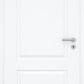 A white interior door with two rectangular recessed panels and a silver metal lever handle with a keyhole, shown against a matching white background.