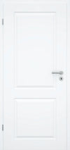 A white interior door with two rectangular recessed panels and a silver metal lever handle with a keyhole, shown against a matching white background.