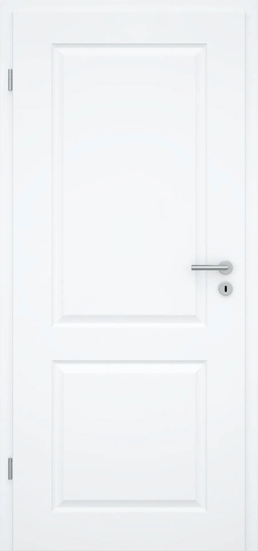 A white interior door with two rectangular recessed panels and a silver metal lever handle with a keyhole, shown against a matching white background.