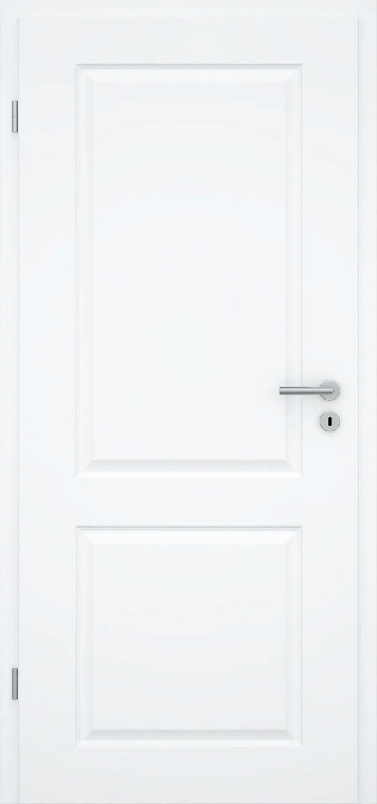 A white interior door with two rectangular recessed panels and a silver metal lever handle with a keyhole, shown against a matching white background.