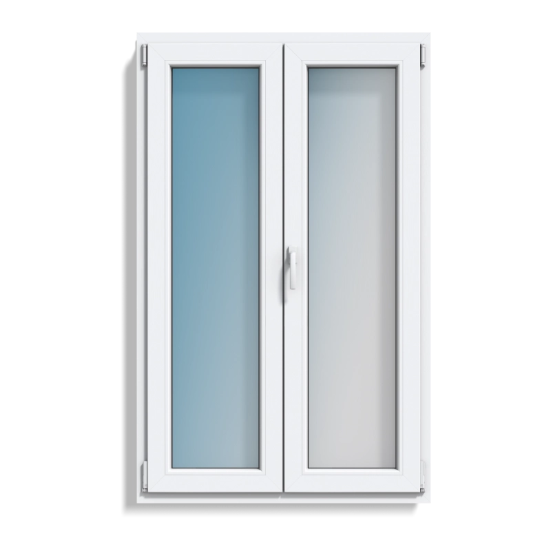 A white double door window or cabinet with frosted glass panels, shown against a plain white background.