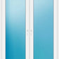 A white double door window or door assembly with two tall rectangular frosted glass panels, each showing a blue gradient tint, set against a plain white background.