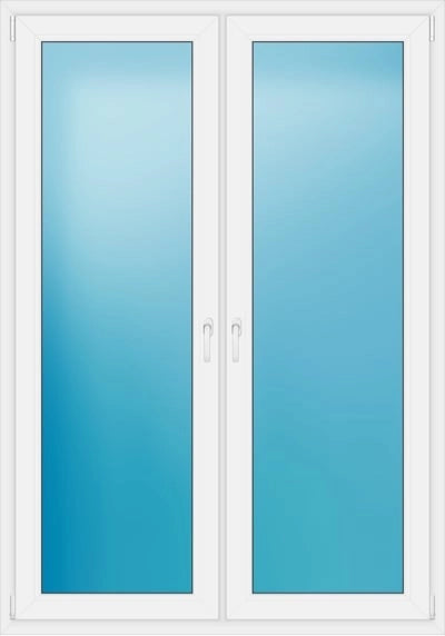 A white double door window or door assembly with two tall rectangular frosted glass panels, each showing a blue gradient tint, set against a plain white background.