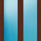 A double door window or door frame with a medium brown wood grain finish and two tall, narrow vertical frosted glass panels that have a blue tint.