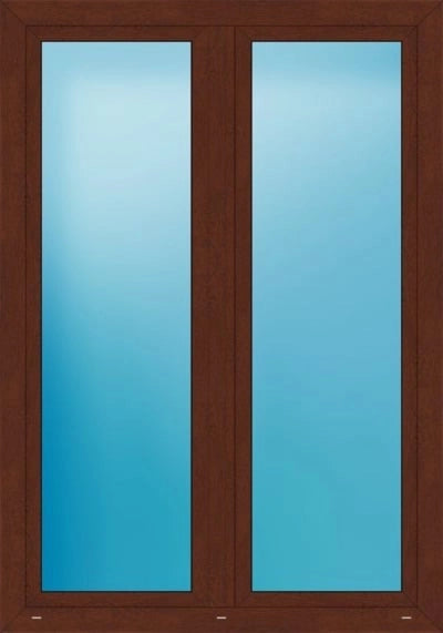 A double door window or door frame with a medium brown wood grain finish and two tall, narrow vertical frosted glass panels that have a blue tint.