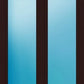 A double door or window unit with a dark brown wood frame and two tall, narrow vertical frosted glass panels that have a blue tint.