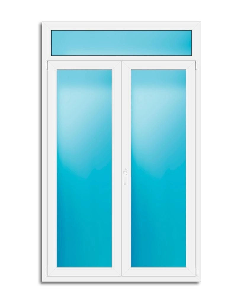 A white double door window or patio door with frosted blue glass panels and a matching blue-tinted top header, shown on a plain white background.