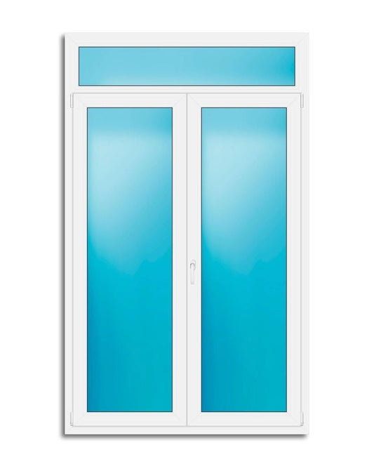 A white double door window or patio door with frosted blue glass panels and a matching blue-tinted top header, shown on a plain white background.
