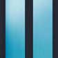 A modern double door or window frame in a very dark charcoal/black finish, featuring two tall, narrow vertical glass panels with a blue-tinted finish.