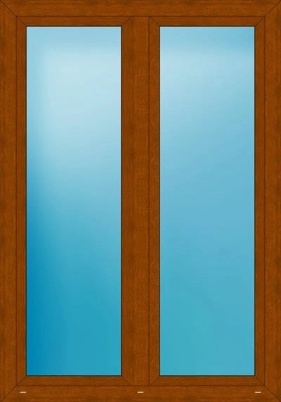 A double door or window frame in medium brown wood with two tall vertical frosted glass panels showing a blue gradient background.