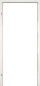 A minimalist white interior door with a slim white frame, featuring a small silver metal handle on the right edge and hinges on the left side.