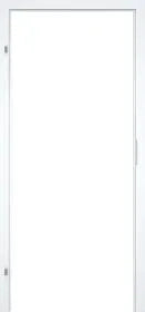 A minimalist white interior door with a slim white frame, featuring a small silver metal handle on the right edge and subtle hinges on the left side.