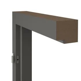 Metal shelf bracket attached to a door frame on a white background