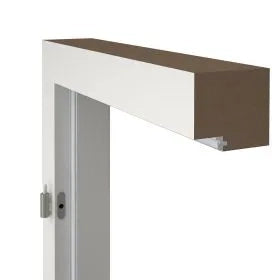 White wall-mounted shelf with a brown top section on a white background