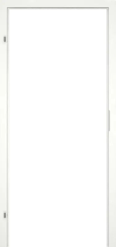 A minimalist white interior door with a slim white frame, featuring small silver metal hinges on the left edge and a matching white handle on the right side.