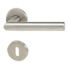 A modern satin nickel door handle with a matching round keyhole cover plate, shown against a plain white background.