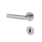 A modern minimalist door handle with a matching round keyhole cover plate, both finished in a brushed silver metal, shown against a plain white background.