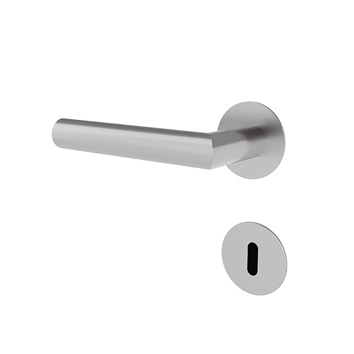 A modern minimalist door handle with a matching round keyhole cover plate, both finished in a brushed silver metal, shown against a plain white background.