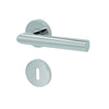 A polished chrome lever door handle with a matching round keyhole cover plate, shown against a plain white background.