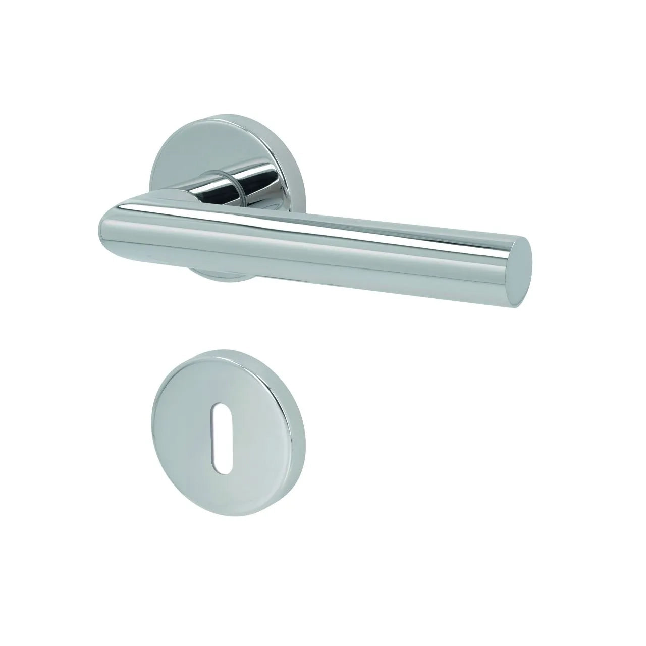 A polished chrome lever door handle with a matching round keyhole cover plate, shown against a plain white background.